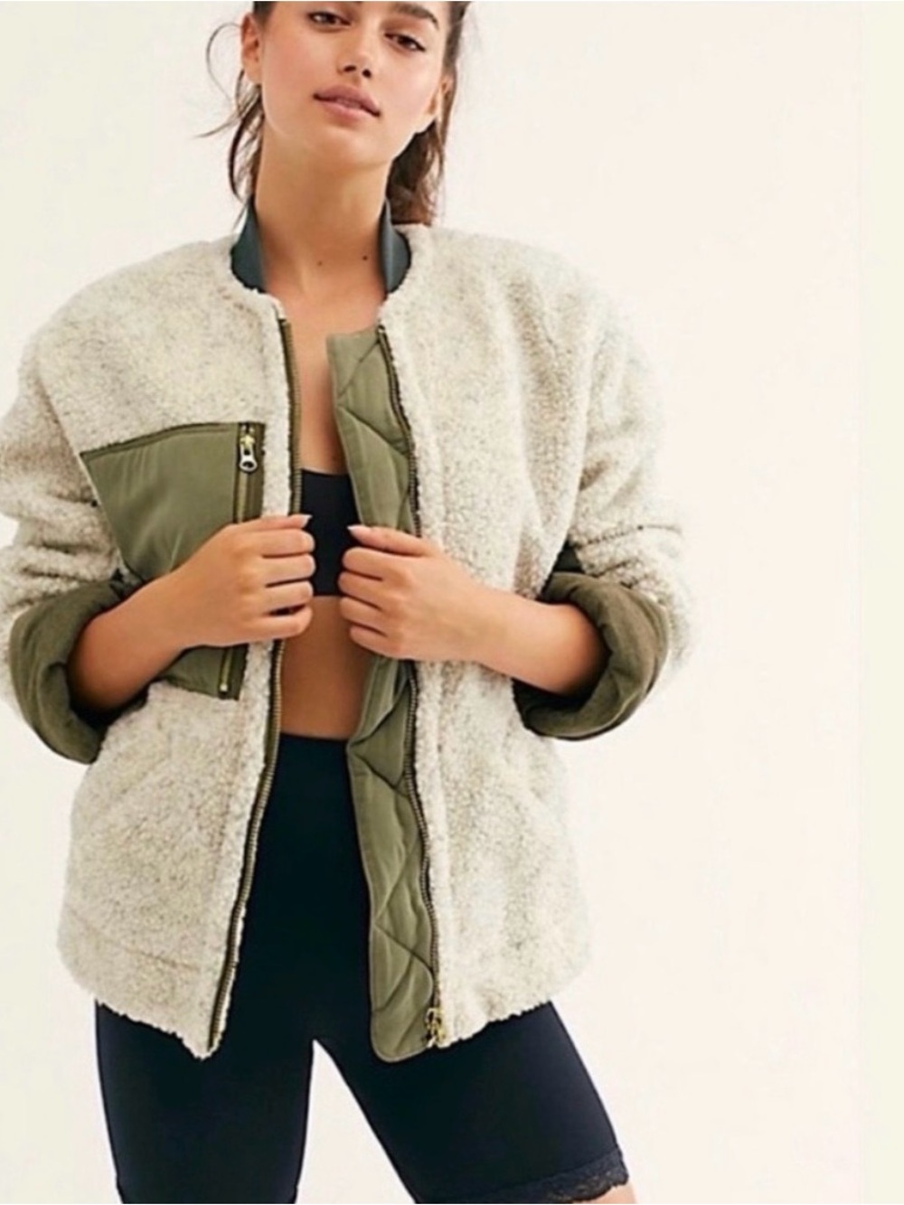 Free People We The free Sherpa Bomber Jacket with Quilted Olive Trim - Women’s